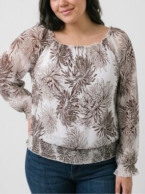 Lane Bryant White Blouse with Brown Floral Print